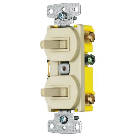HUBBELL WIRING DEVICE-KELLEMS Switches and Lighting Controls, Combination Devices, Residential Grade, 1) Single Pole Toggle, 1) Three Way Toggle, 15A 120V AC, Self fGrounding, Side Wired, Ivory RC103I